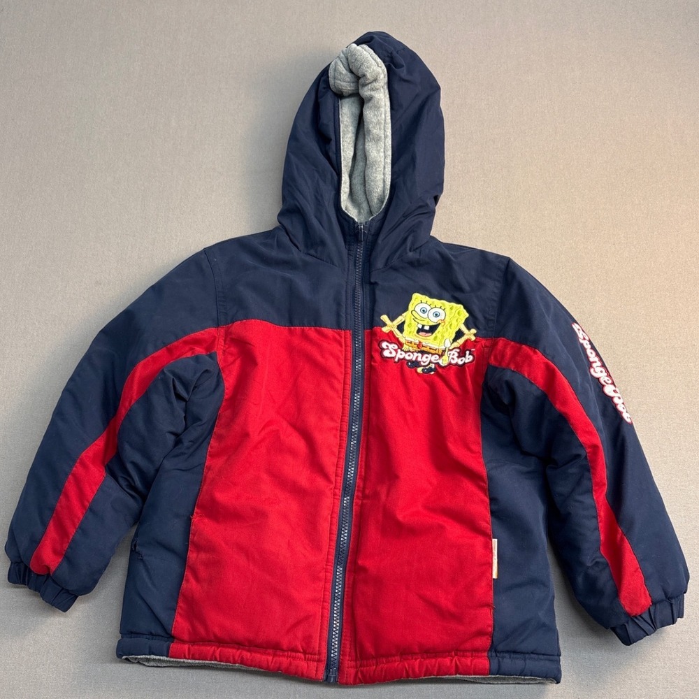 Vintage 2005 SpongeBob SquarePants Kids Puffer Jacket Navy Red Fleece Lined Sz 5